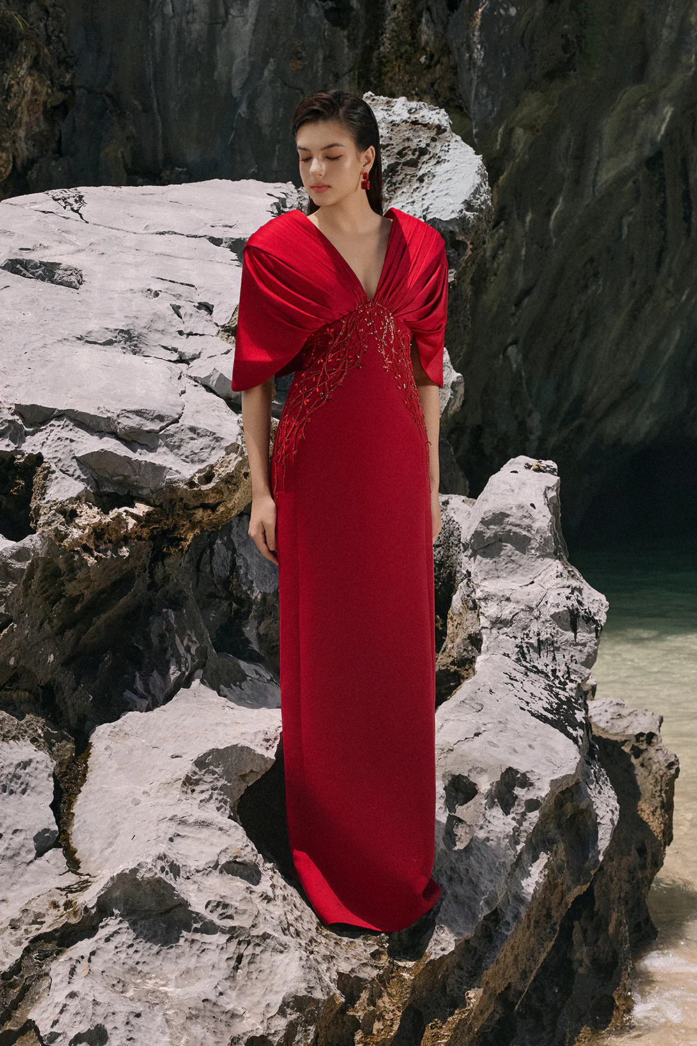 Alaia Sheath Cape Sleeved Crepe Floor Length Dress