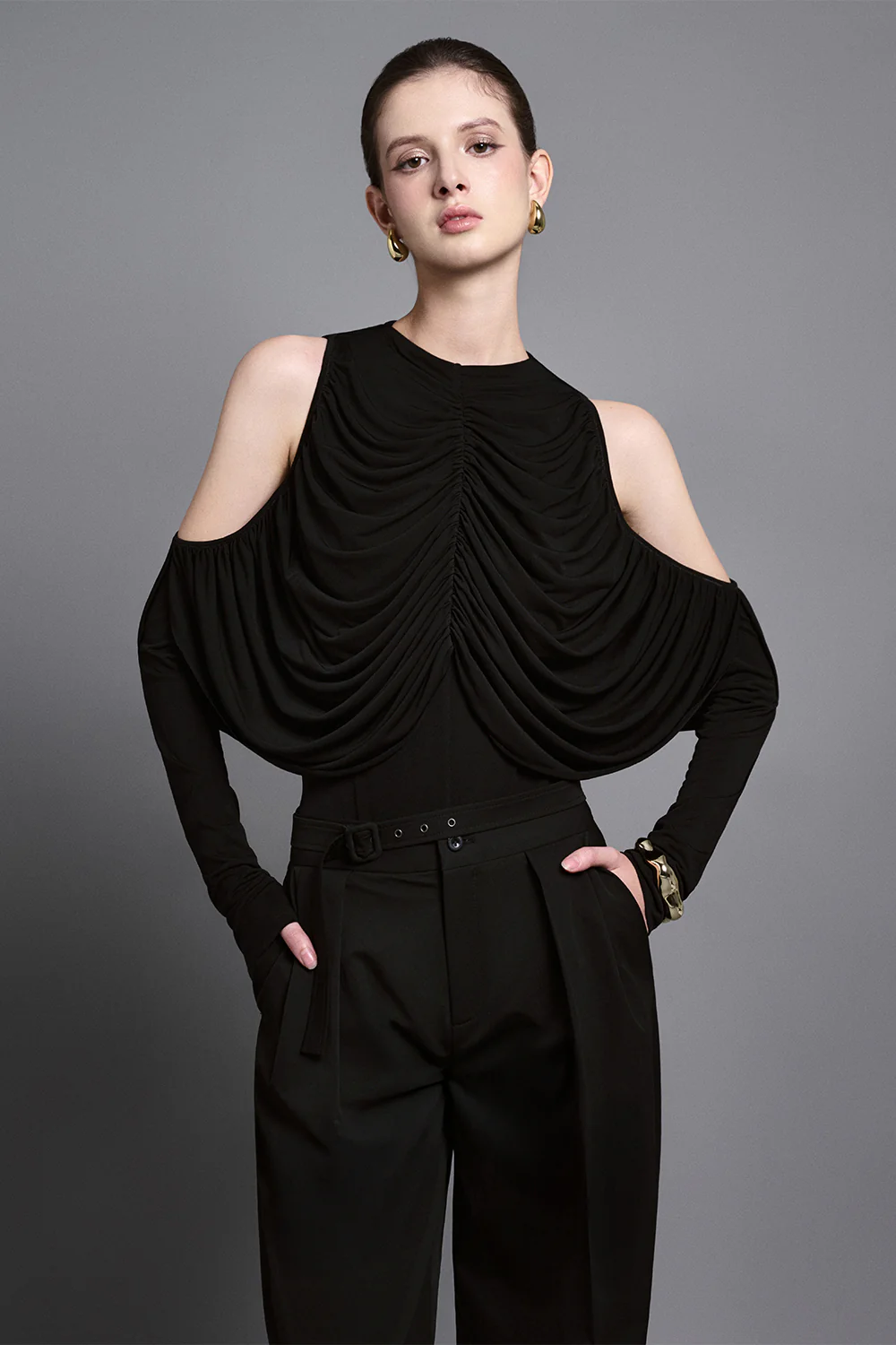 Ira Blouson Cold Shoulder Sleeved Cotton Top