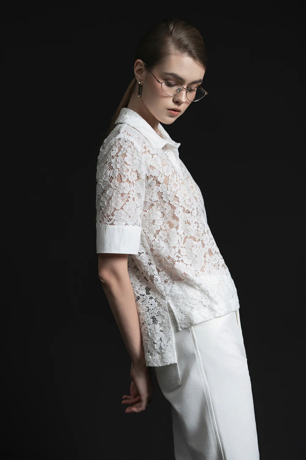 Marie Straight Collared Neck Cotton Lace Shirt