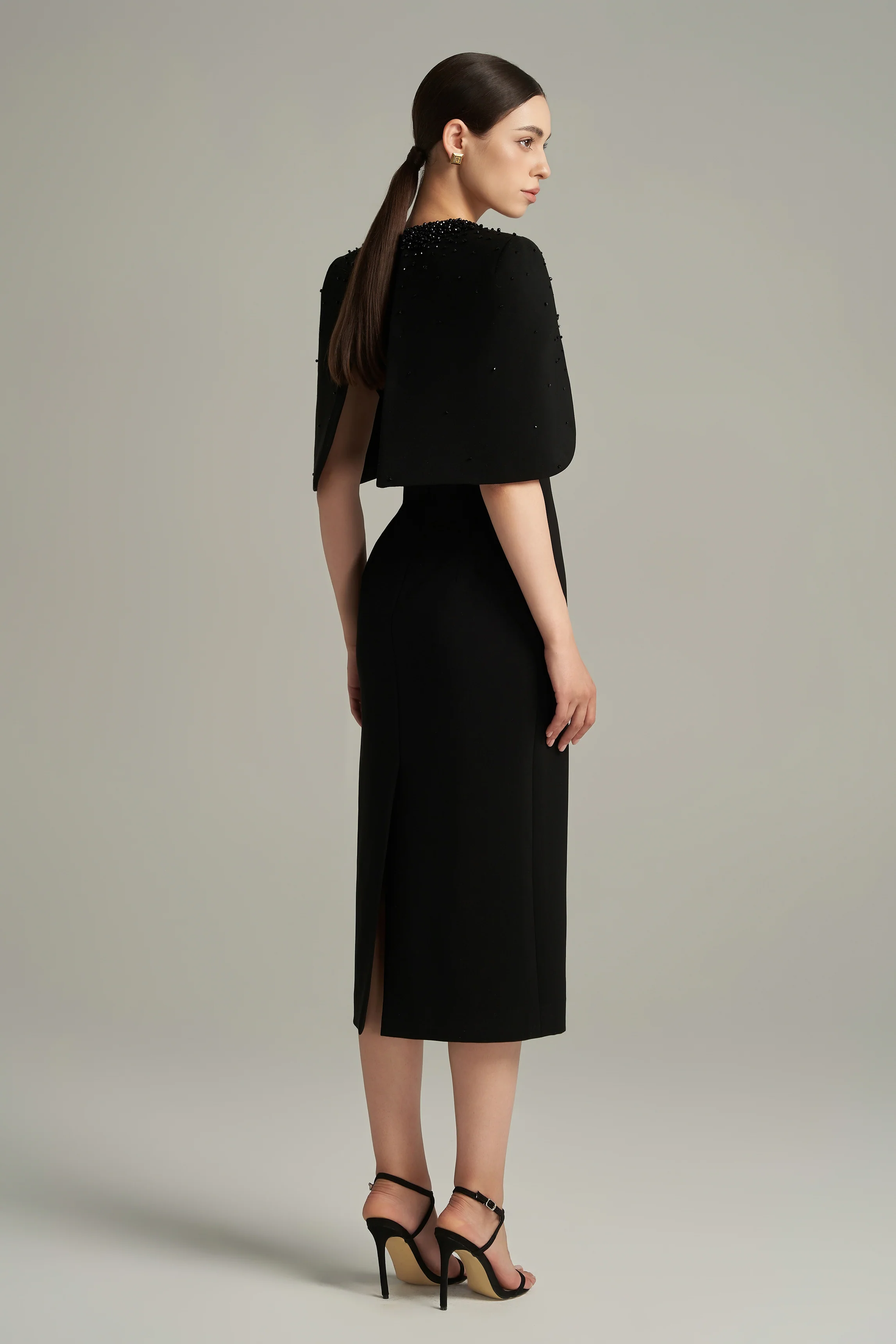 Gracelynn Sheath Cape Shoulder Crepe Calf Length Dress