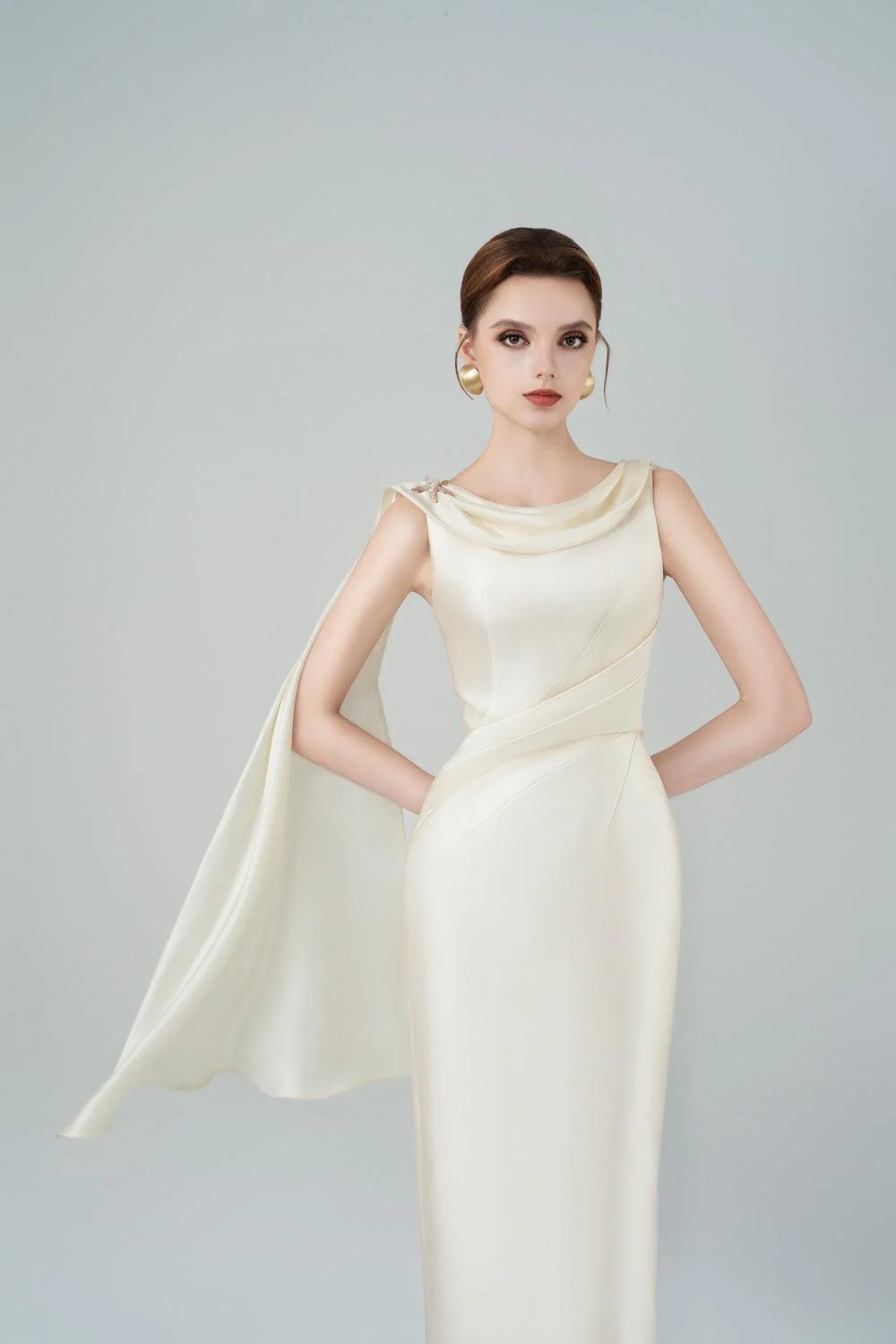 Angelica Pegged Cowl Neck Taffeta Midi Dress