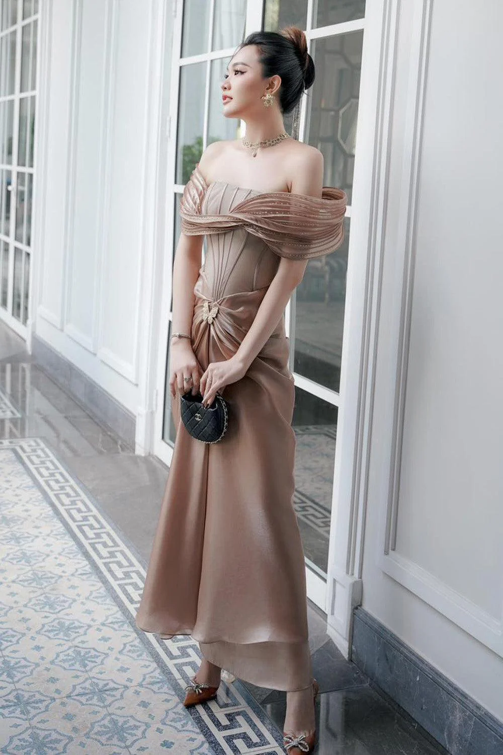 Tracy Sarong Off-Shoulder Chiffon Ankle Length Dress