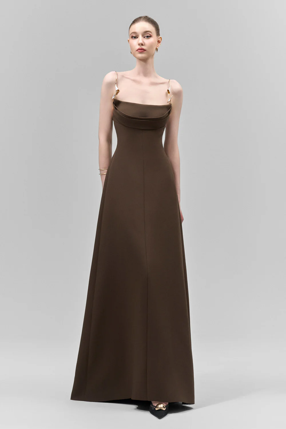 Lirien A-line Cowl Neck Crepe Floor Length Dress