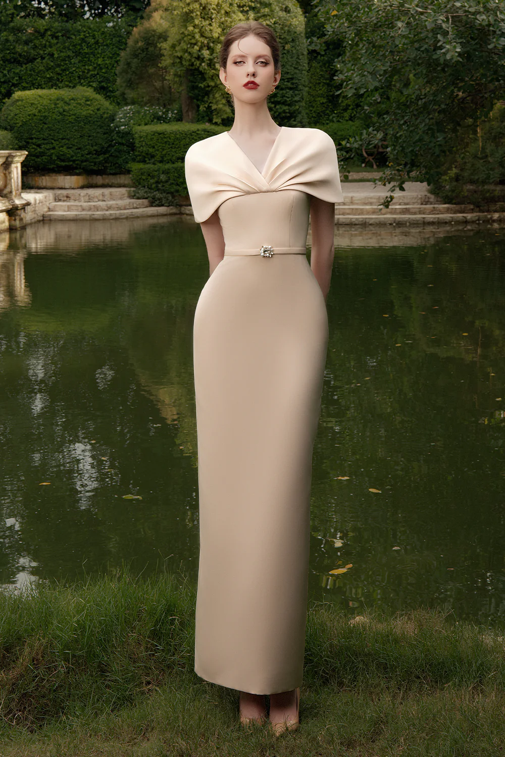 Fiorelle Sheath Cape Sleeved Satin Maxi Dress