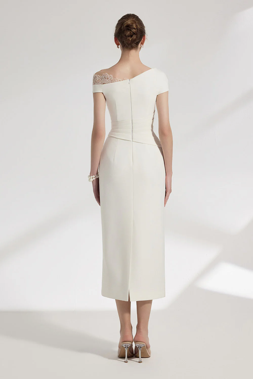 Elysian Sheath Asymmetric Sleeved Brocade Midi Dress