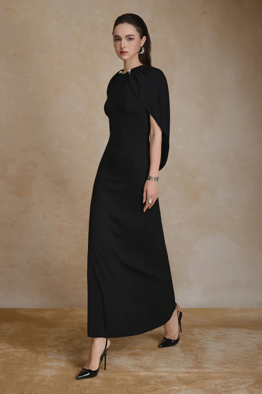 Radiant Cape Sleeve Gathering Maxi Dress