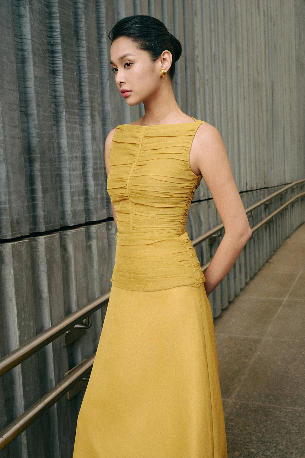 Cora A-line Cape Shoulder Floss Silk Maxi Dress