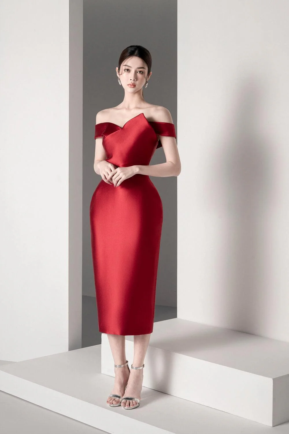 Mina Pegged Off-Shoulder Trerena Taffeta Midi Dress