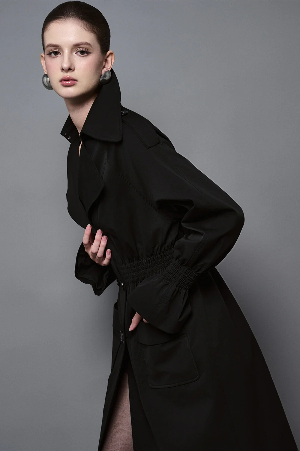 Arden Straight Patch Pocket Khaki Silk Knee-length Trench Coat