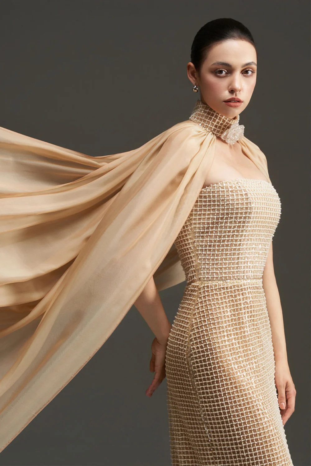 Avianna Cape Sleeves Bead Maxi Dress