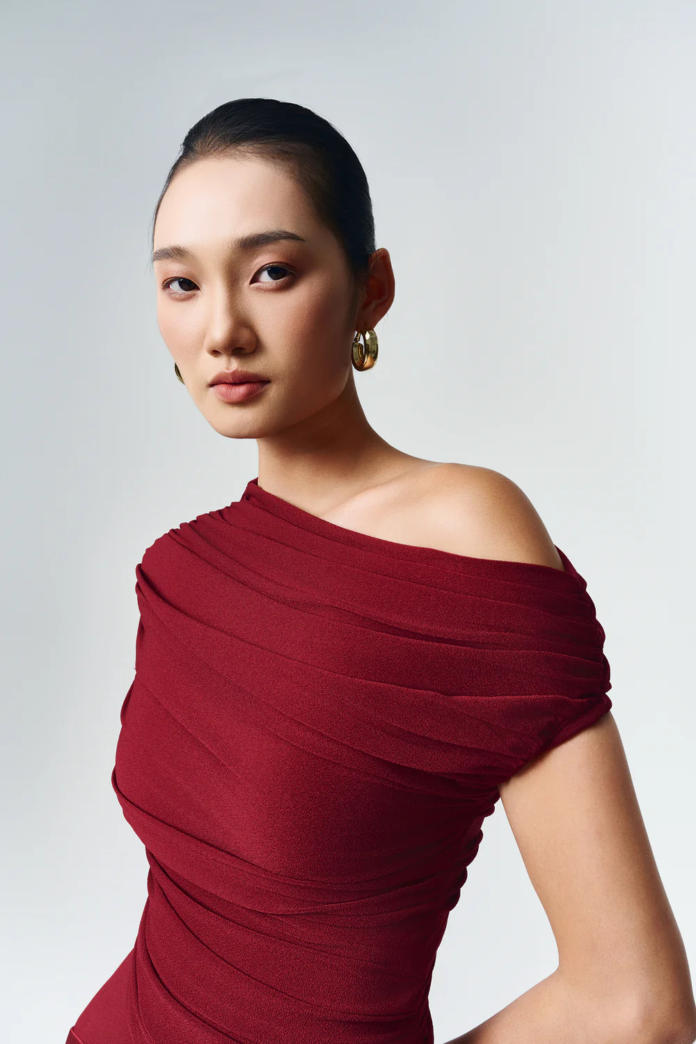 Enya Asymmetric Neck Gathering Maxi Dress