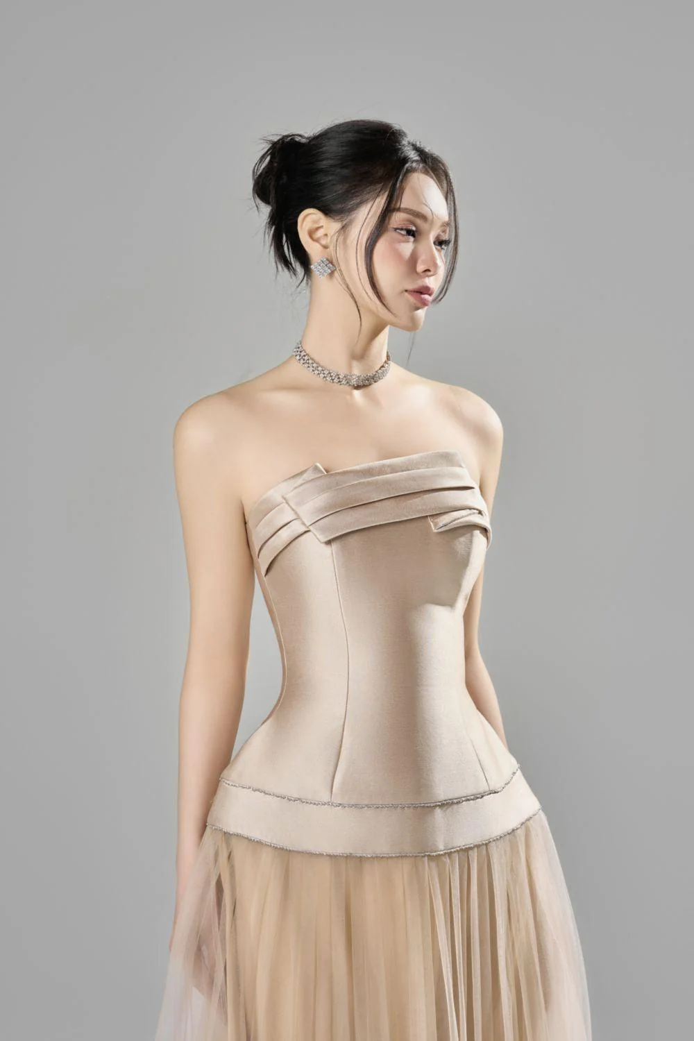 Nyla Strapless Straight Across Neck Taffeta Midi Dress