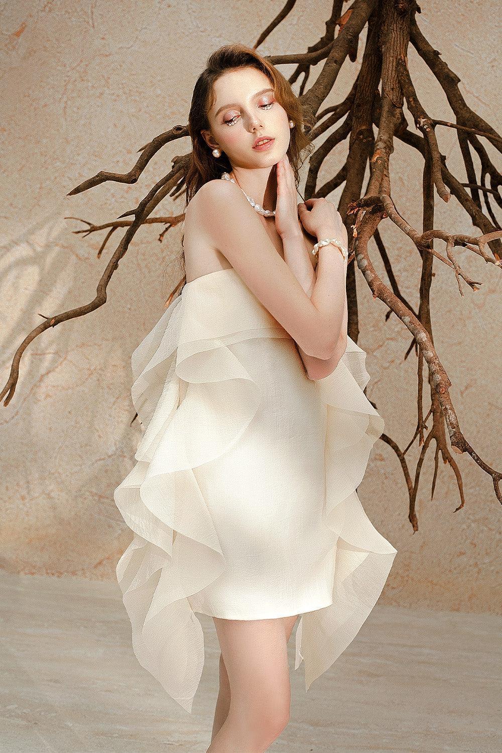 Ellie Strapless Extended Flap Crinkle Organza Mini Dress