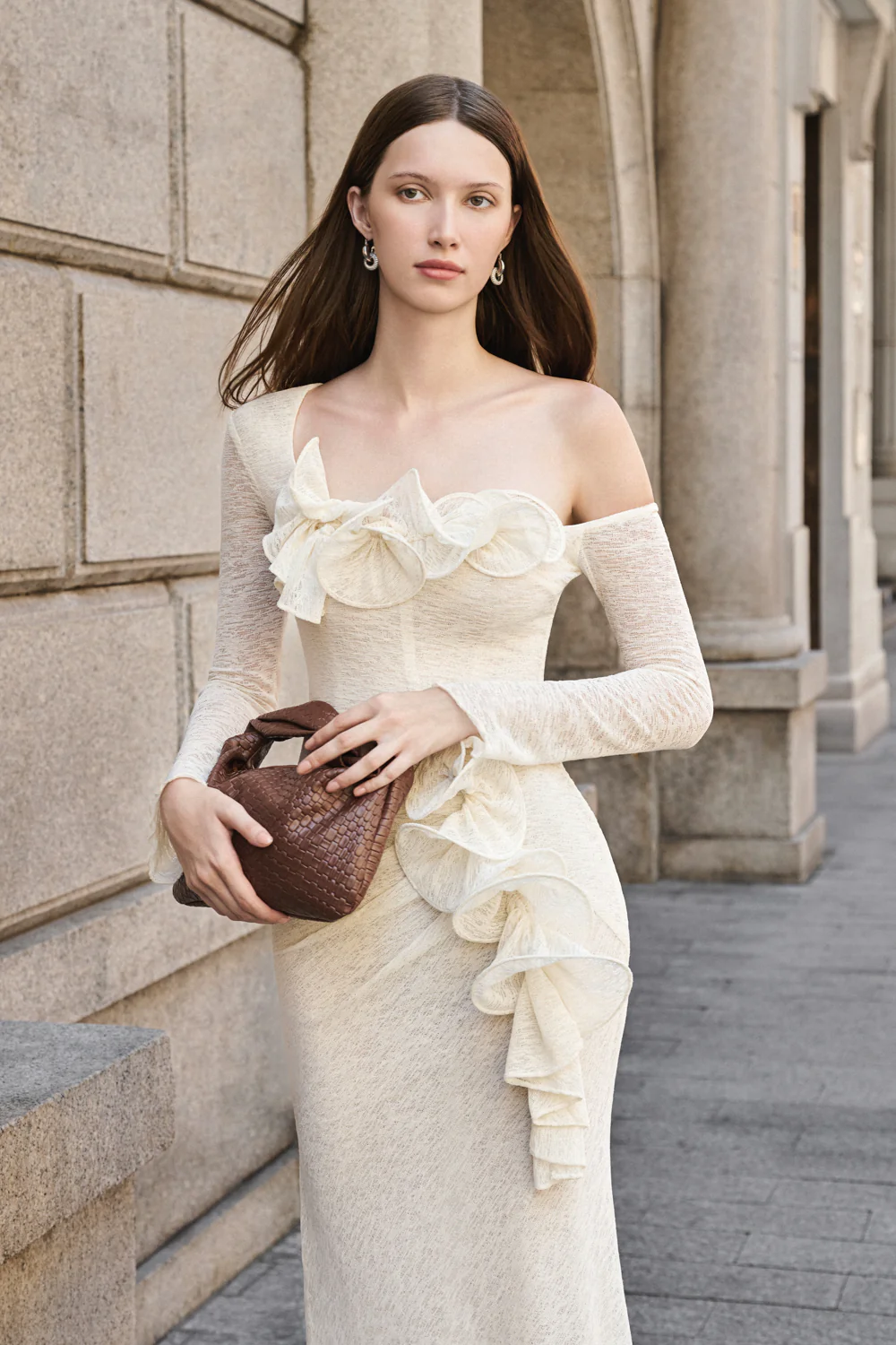 Bloom Asymmetric Sleeve Ruffe Maxi Dress