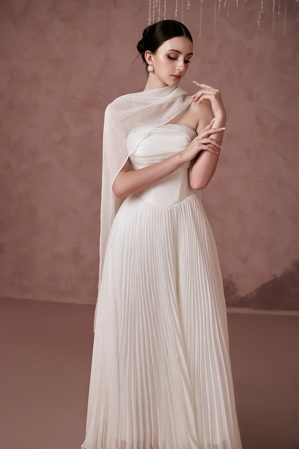 Amelia Strapless Pleated Mesh Silk Ankle Length Dress