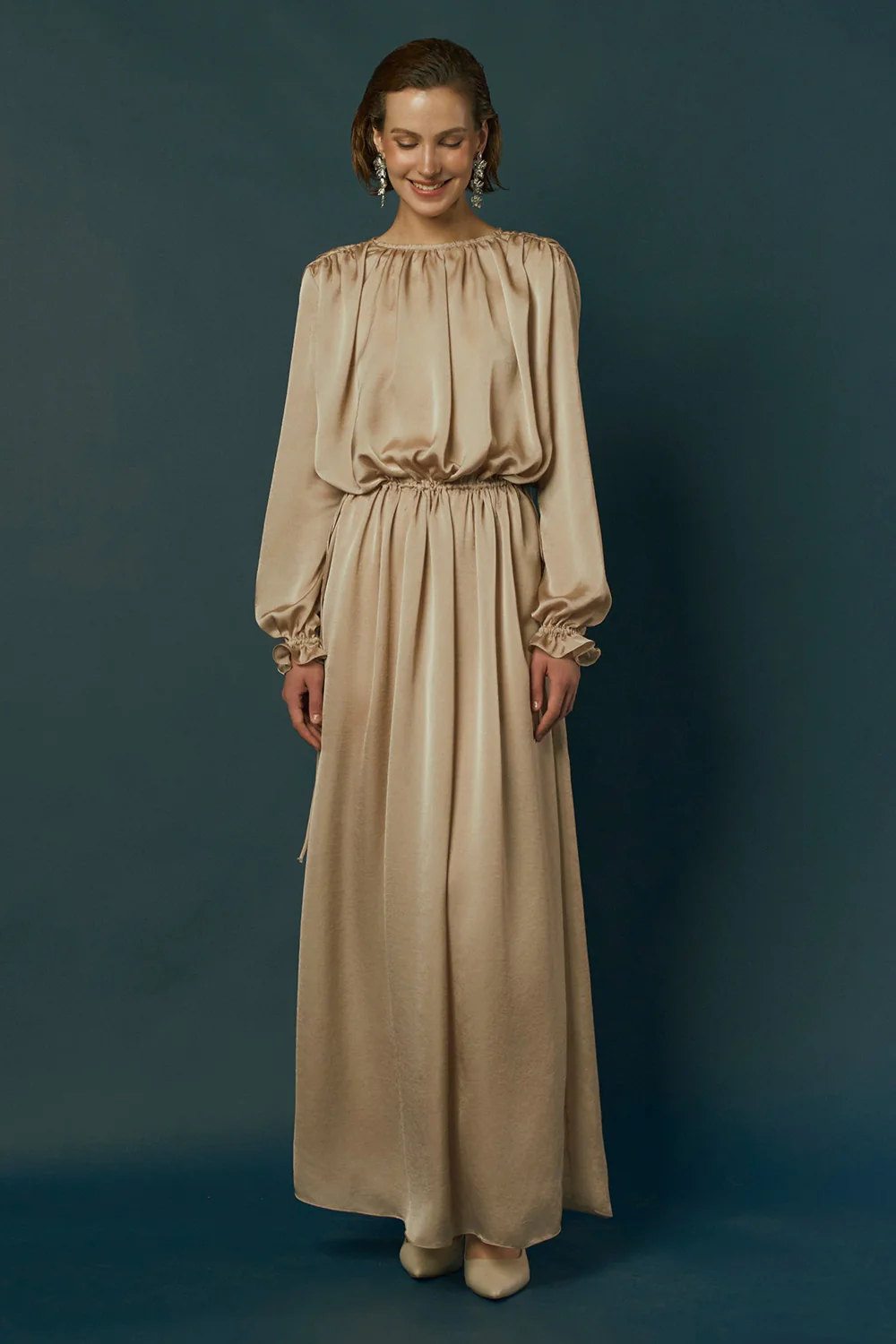 Haze Blouson Bishop Sleeved Poly Silk Maxi Dress