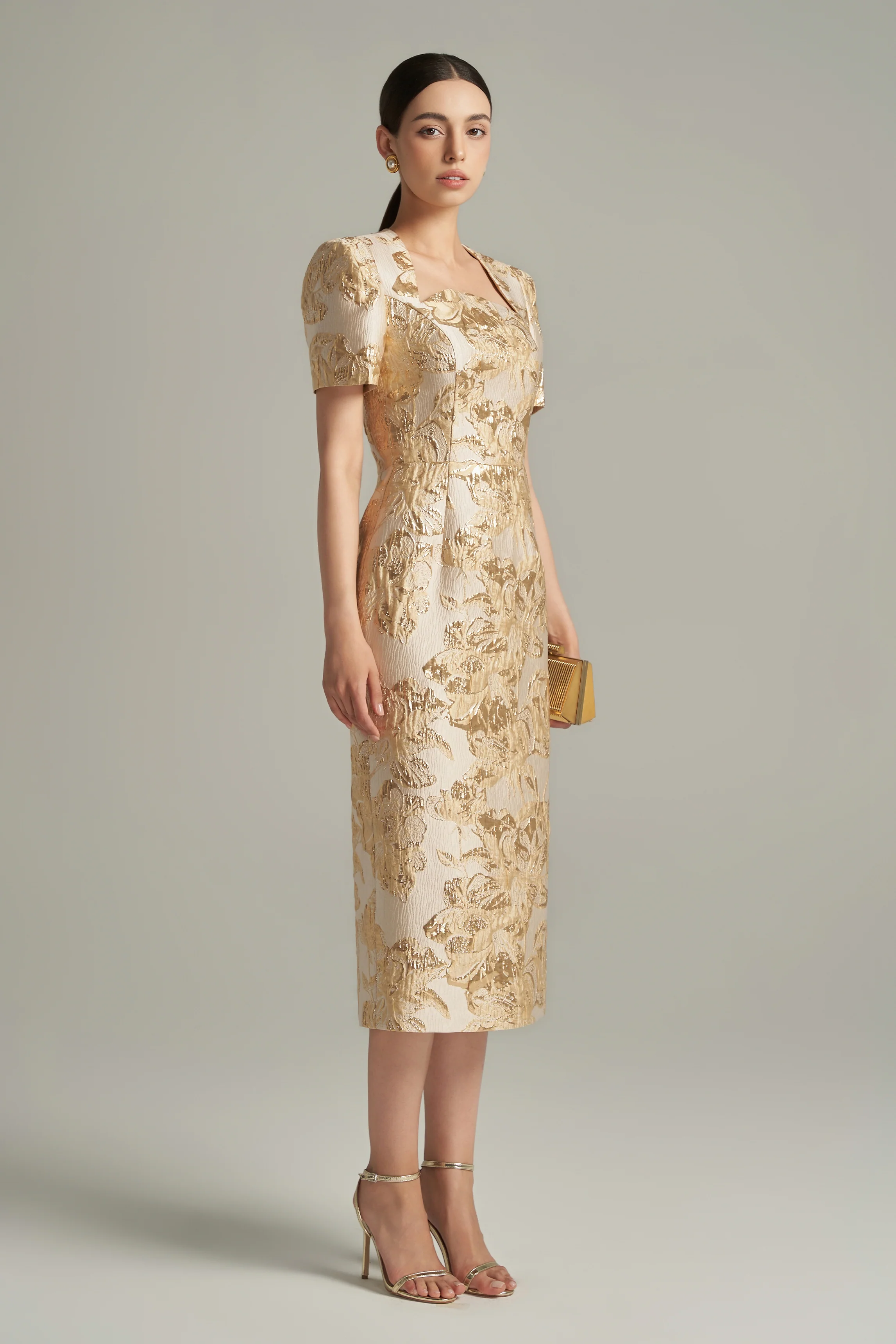 Adriana Sheath Queen Anne Neck Lace Brocade Length Dress