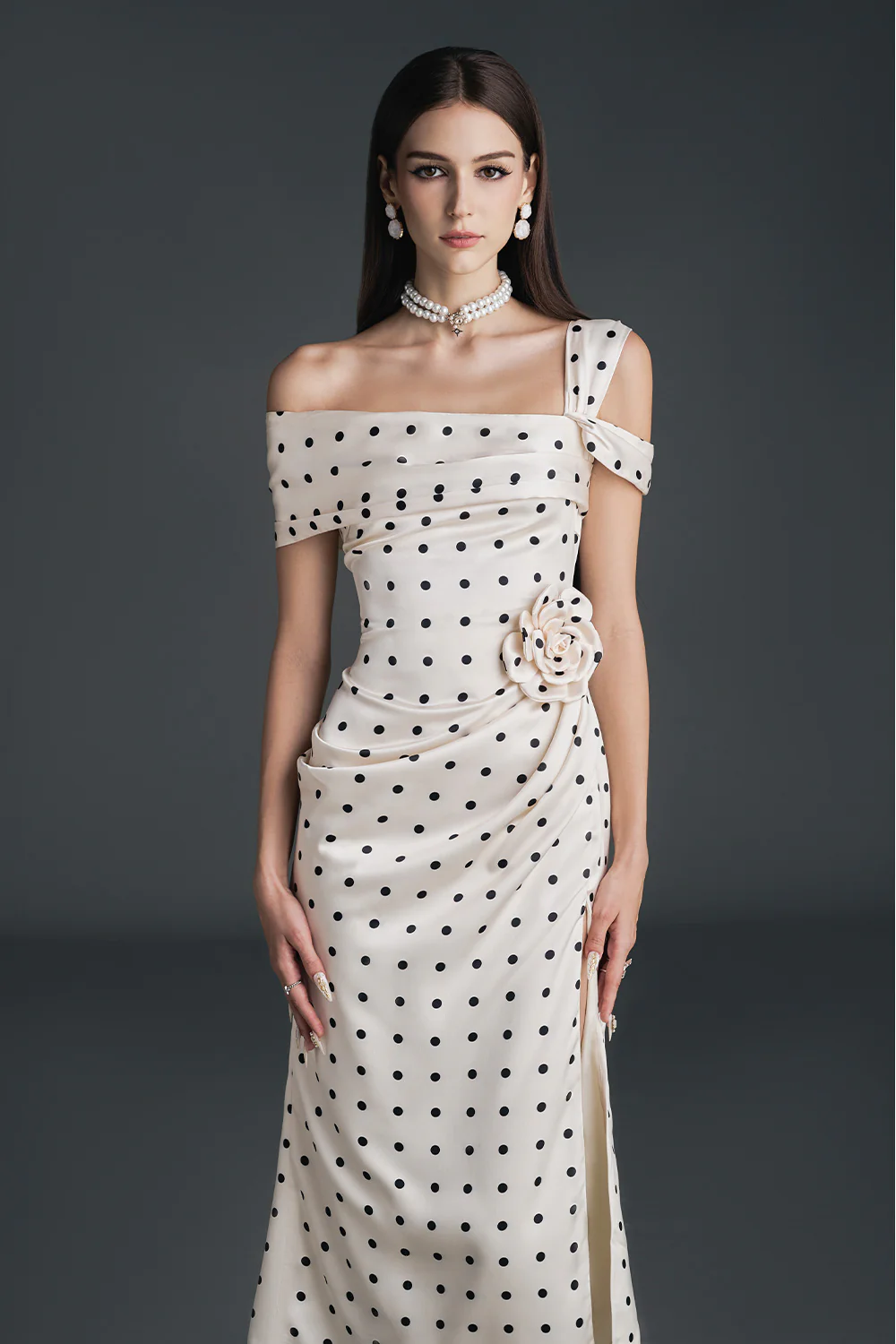 Dinna Slit Asymmetric Neck Silk Calf Length Dress