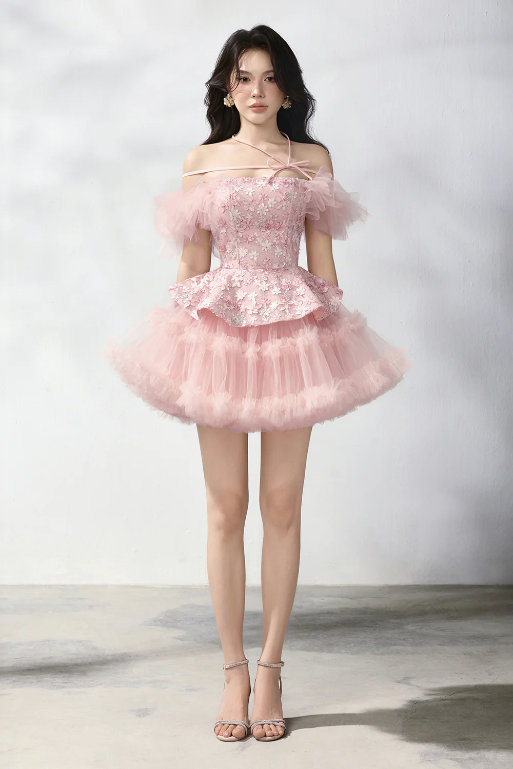 Opal A-line Cold Shoulder Sleeved Mesh Taffeta Mini Dress