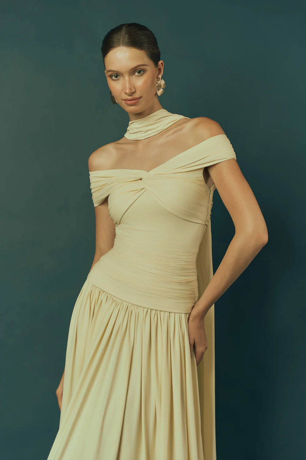 Aura A-line Off-Shoulder Spandex Blend Maxi Dress