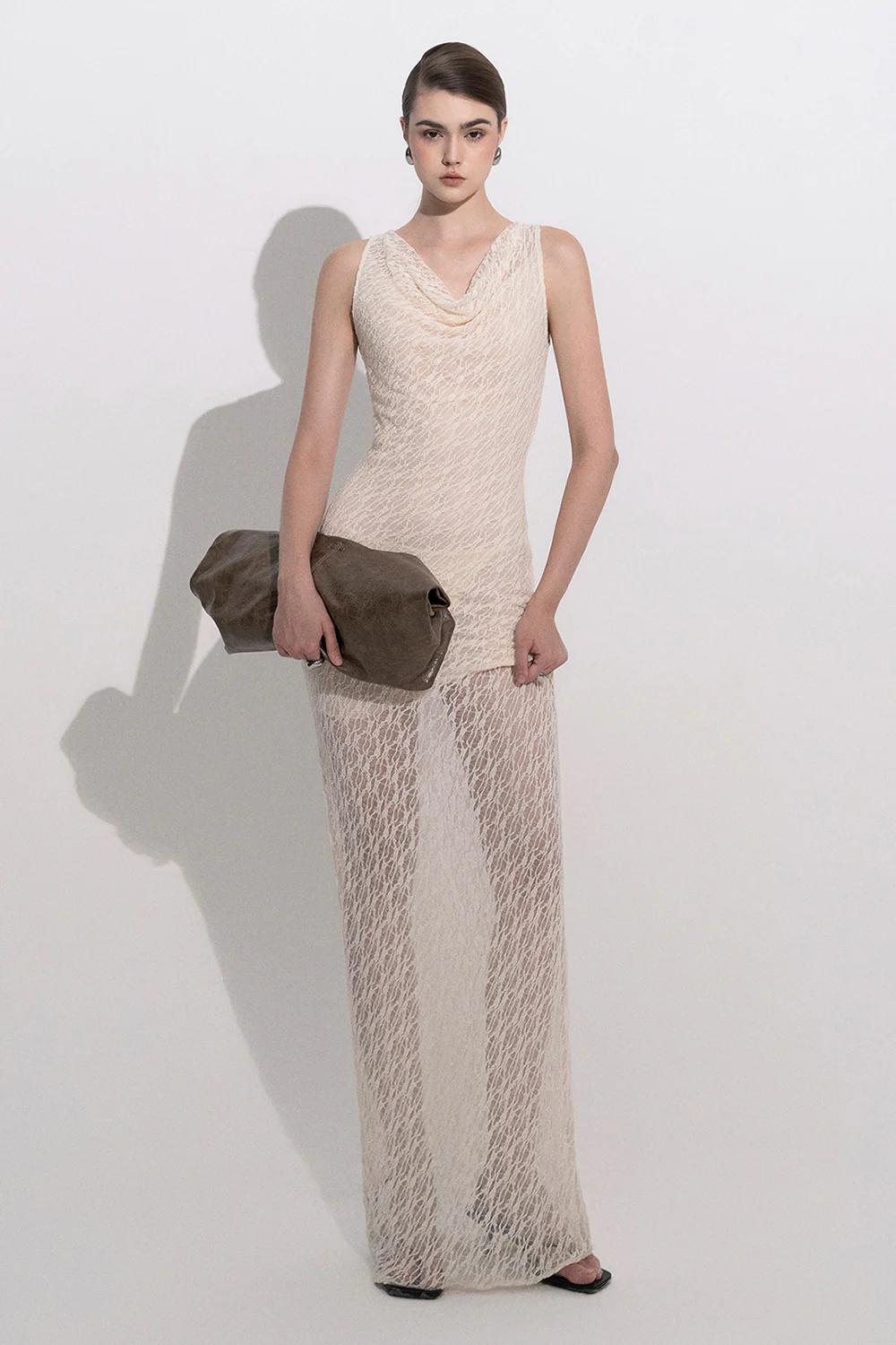 Eleni Sheath Cowl Neck Lace Maxi Dress