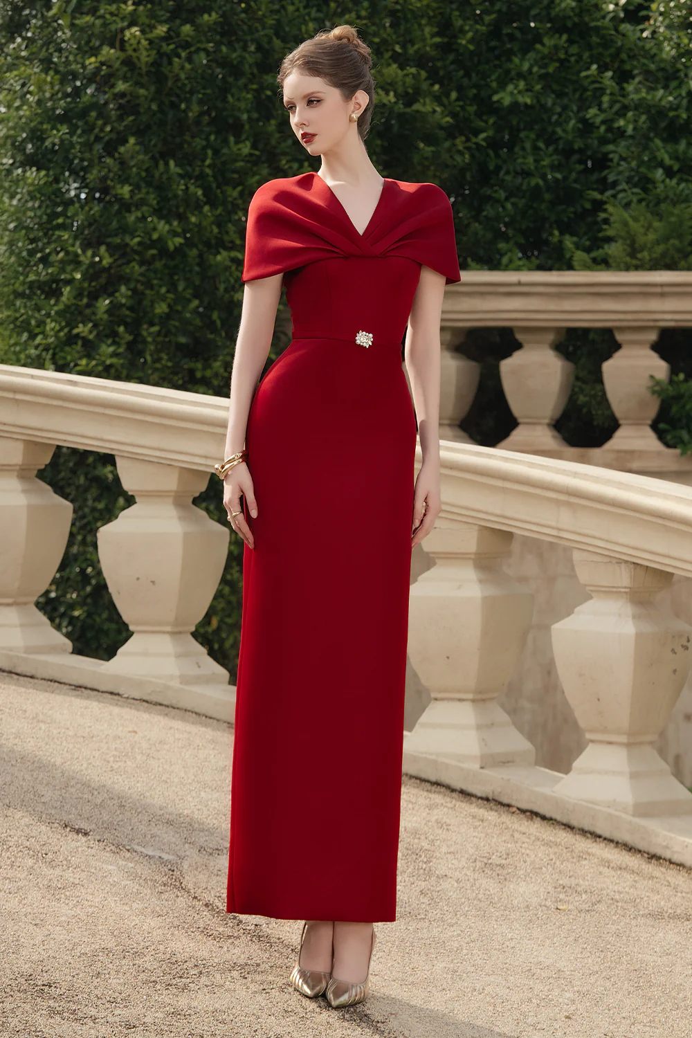 Fiorelle Sheath Cape Sleeved Satin Maxi Dress