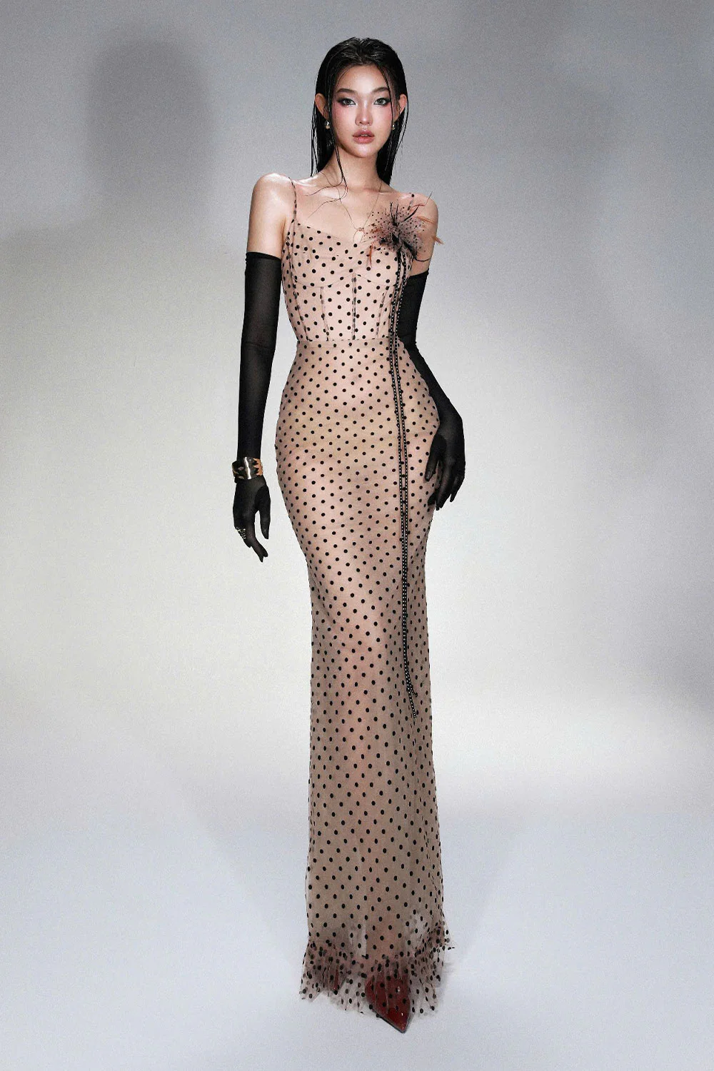 Haisley Pencil Corset Waist Mesh Floor Length Dress