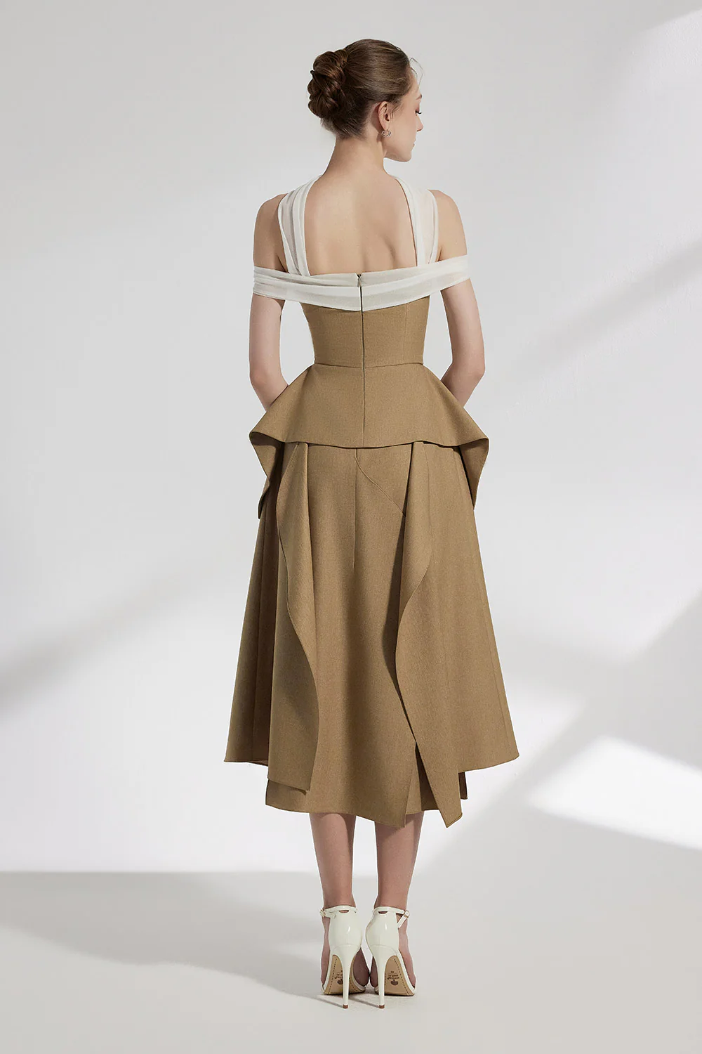 Elle Asymmetric Ruffle Layer Twill Silk Midi Skirt