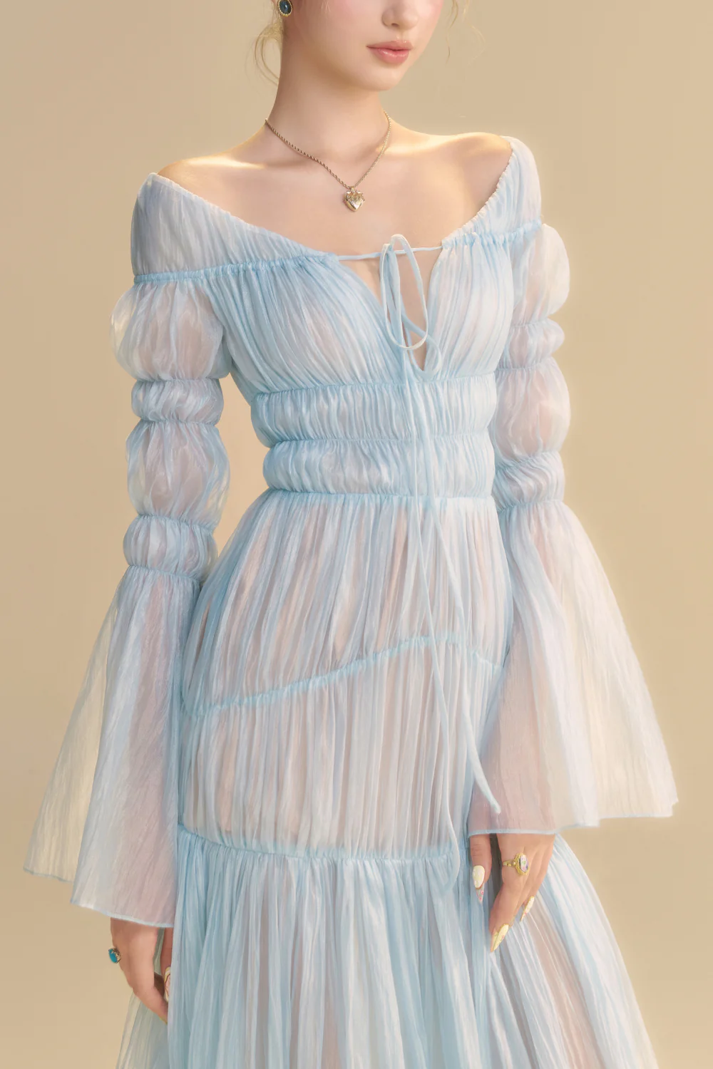 Aquarelle Poet Sleeve Gathering Maxi Dress