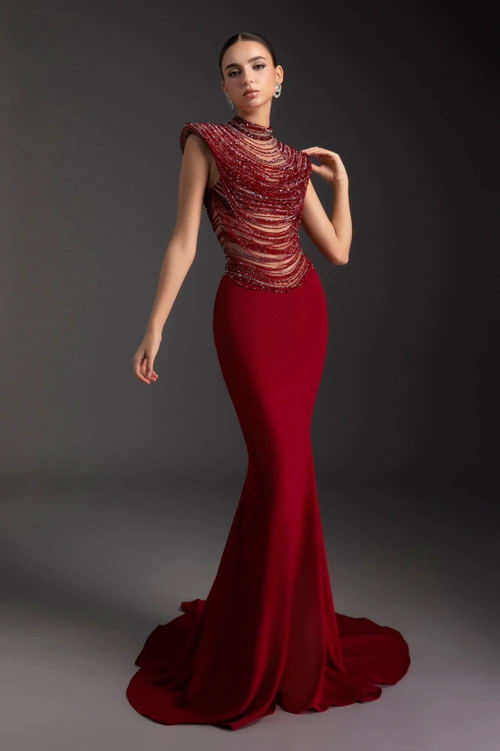 Crimson Mermaid Rhinestone Maxi Dress