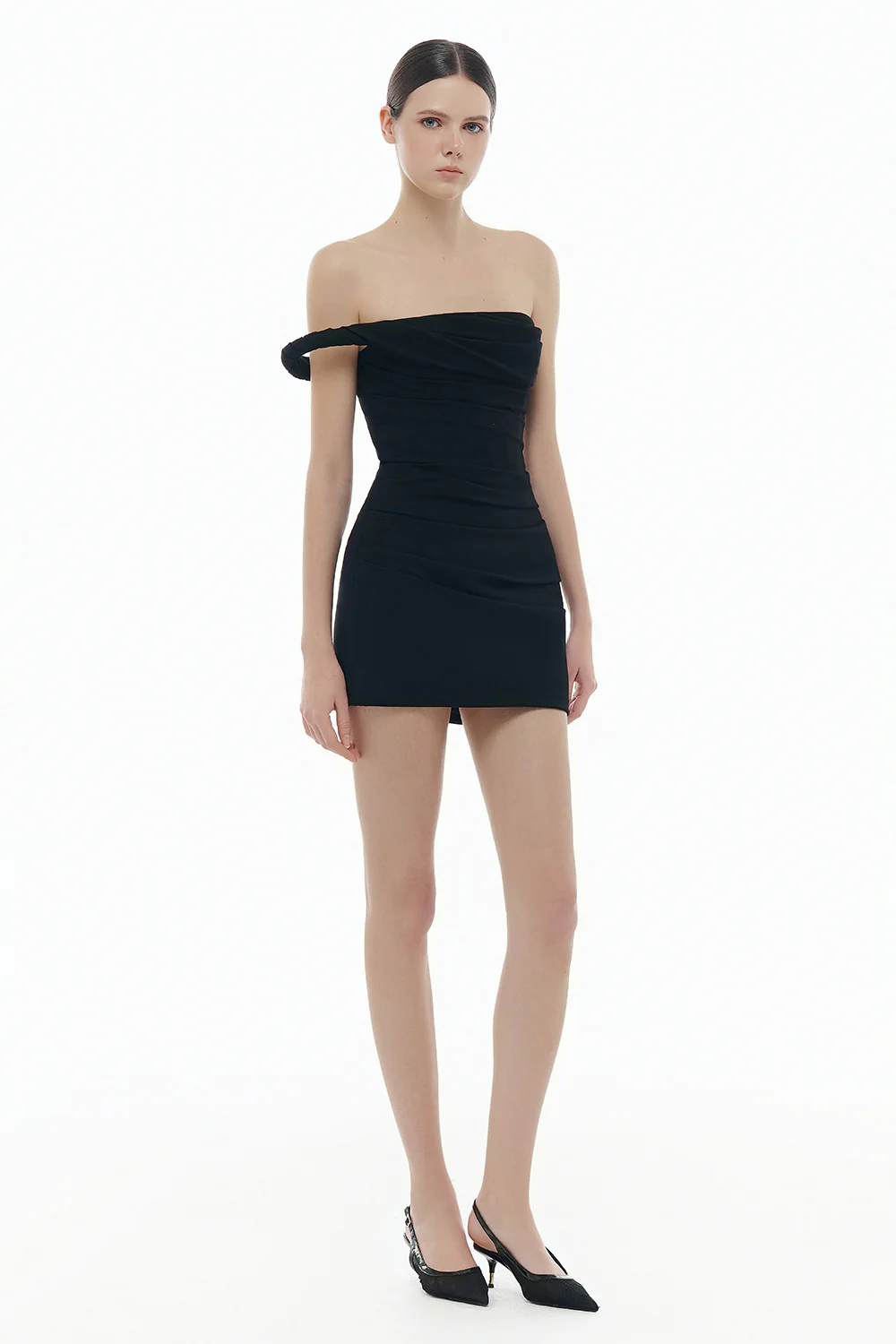 Madeleine Straight Across Neck Draped Mini Dress