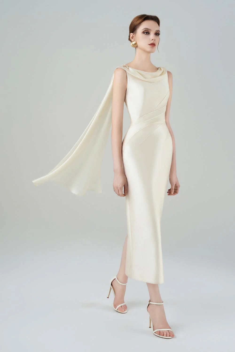 Angelica Pegged Cowl Neck Taffeta Midi Dress