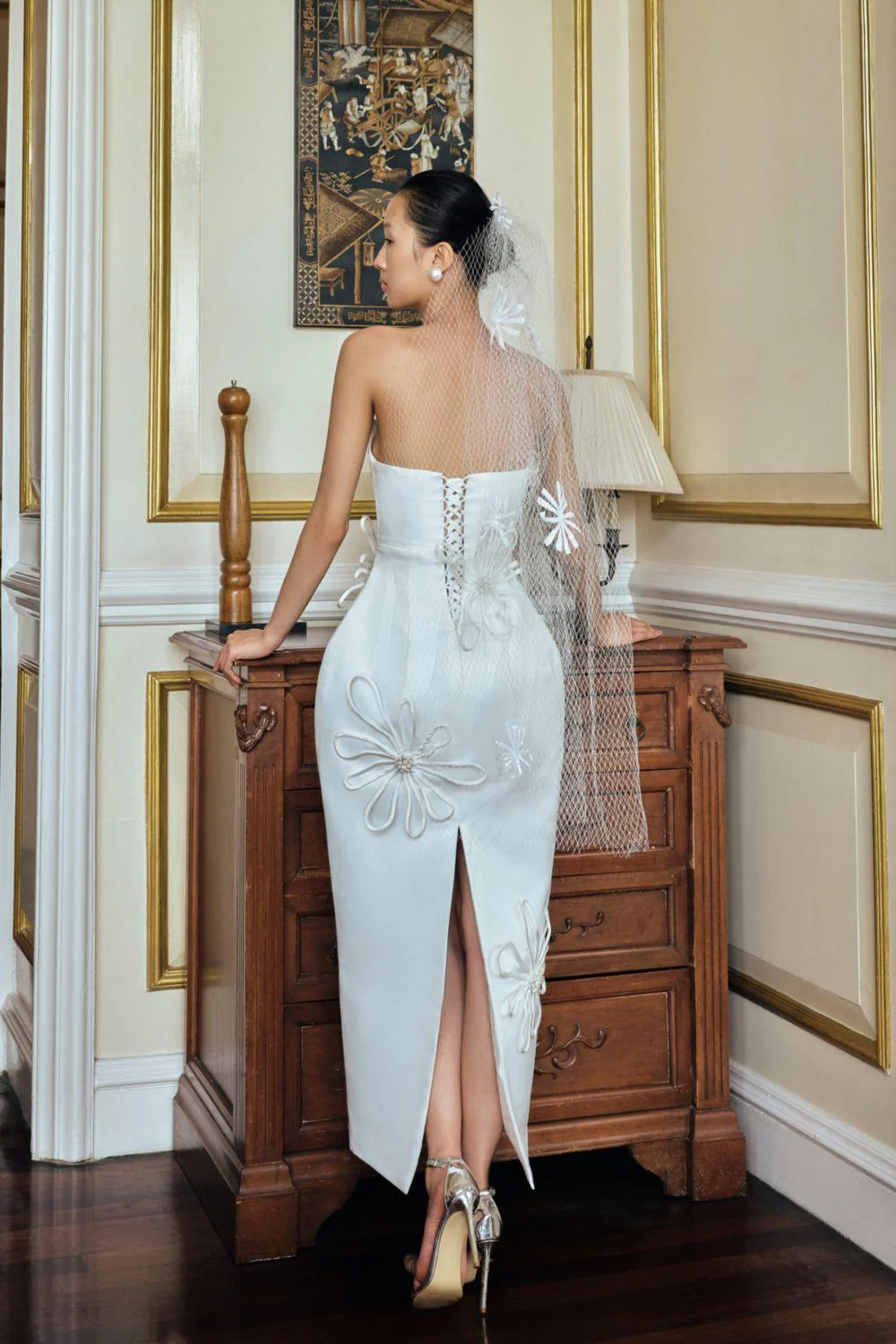 Daisy Pegged Scoop Neck Duchess Satin Ankle Length Dress