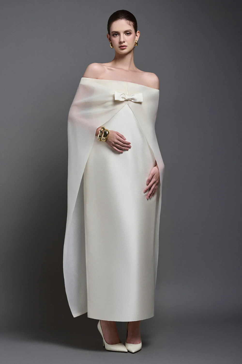 Solenne Straight Cape Sleeved Taffeta Maxi Dress