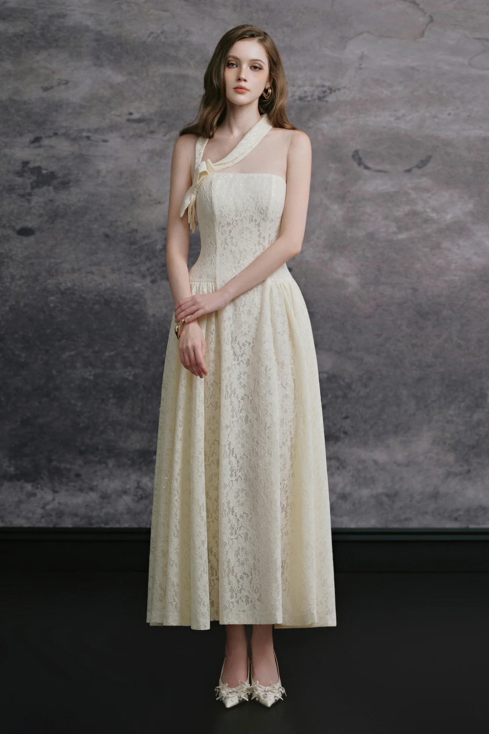 Daisy Asymmetric Neck Ribbon Midi Dress