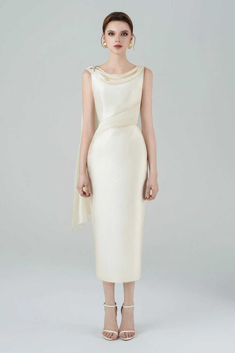 Angelica Pegged Cowl Neck Taffeta Midi Dress