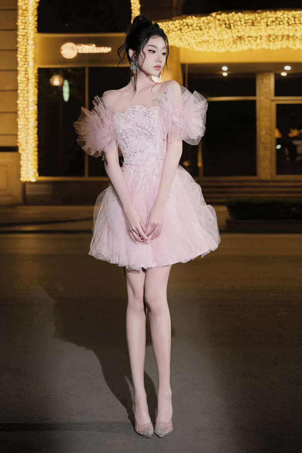 Iris Fit and Flare Curved Neck Mesh Mini Dress