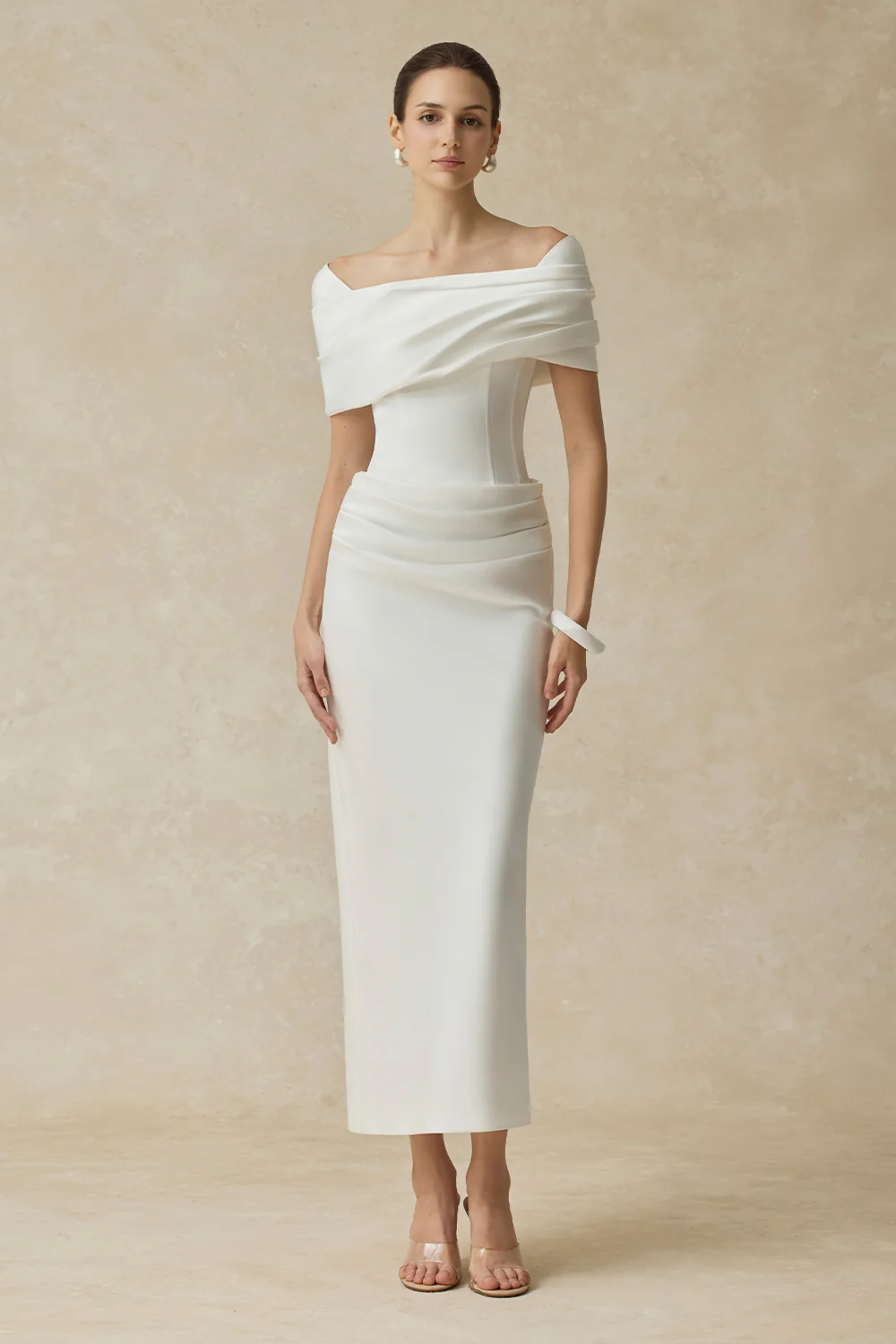 Solara Cold Shouder Sleeve Draped Midi Dress