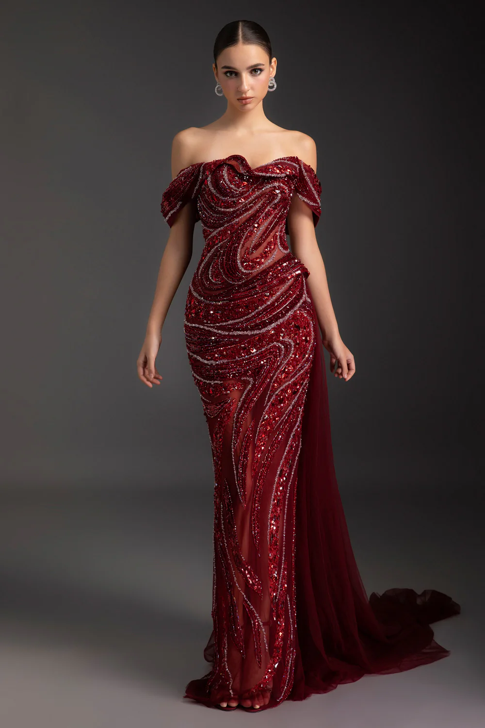 Scarlet Off-Shoulder Rhinestone Maxi Dress