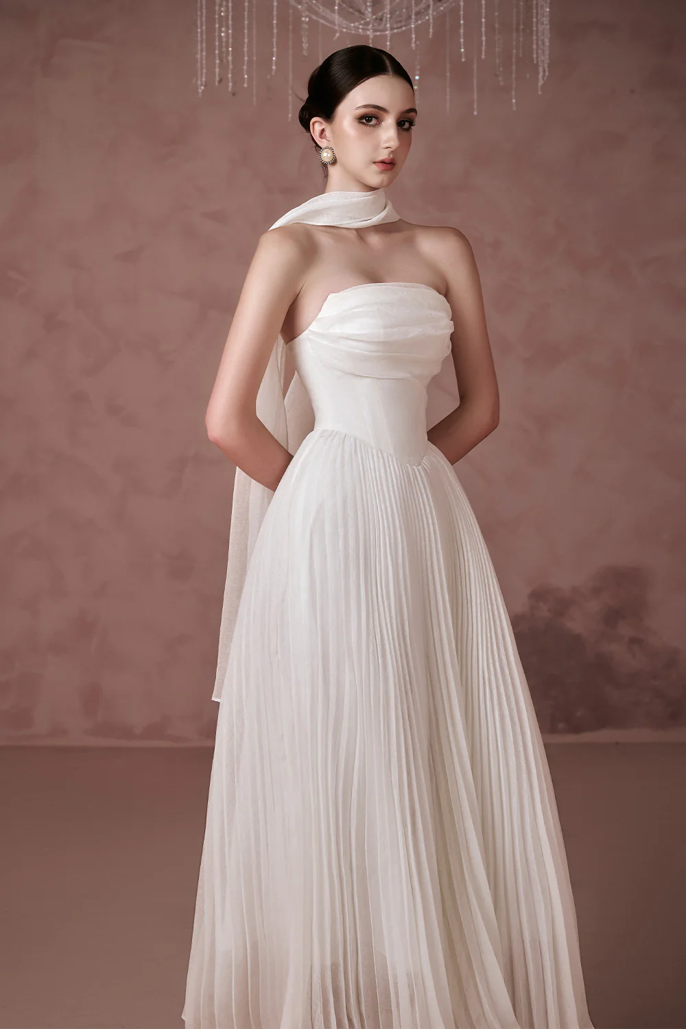 Amelia Strapless Pleated Mesh Silk Ankle Length Dress