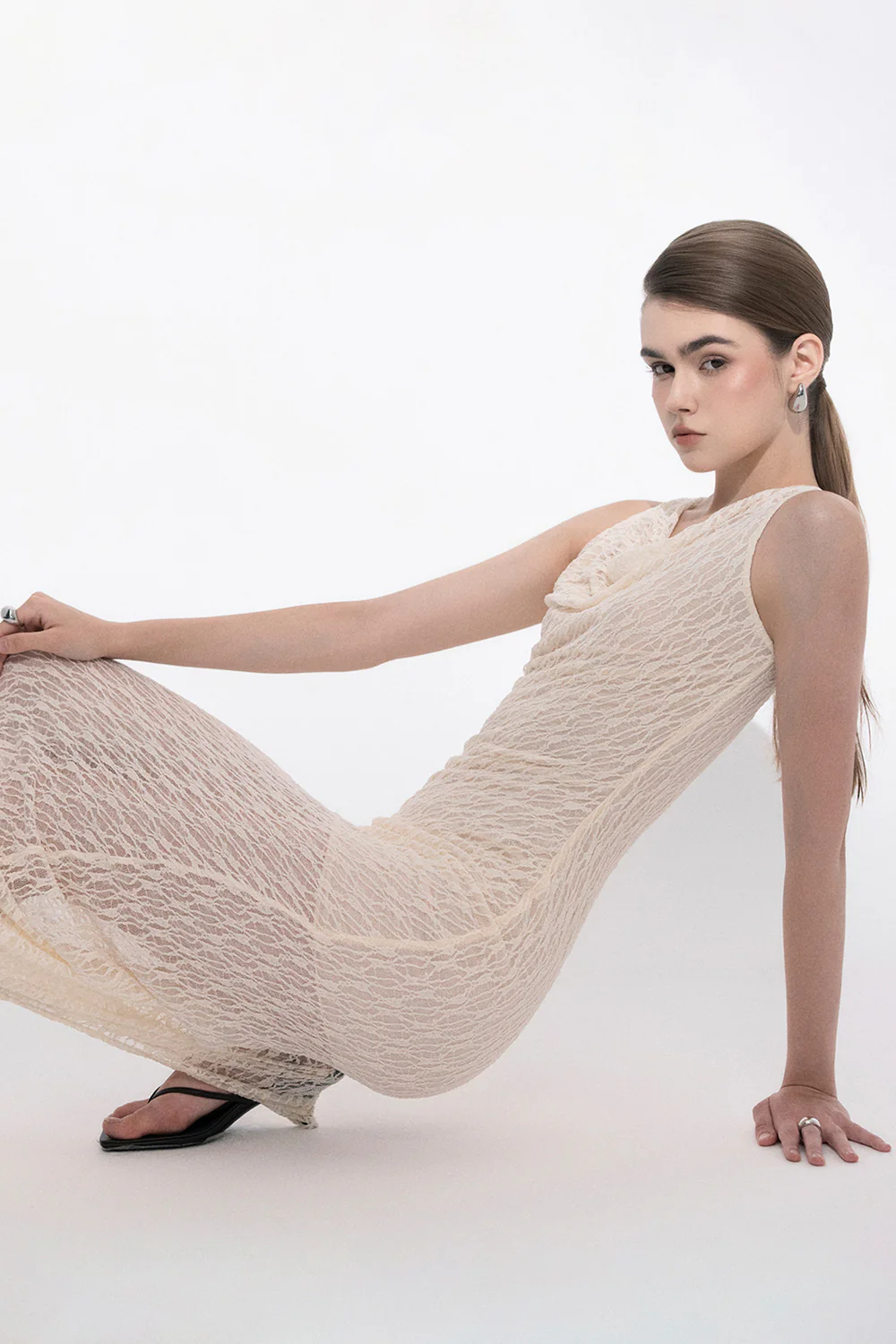 Eleni Sheath Cowl Neck Lace Maxi Dress