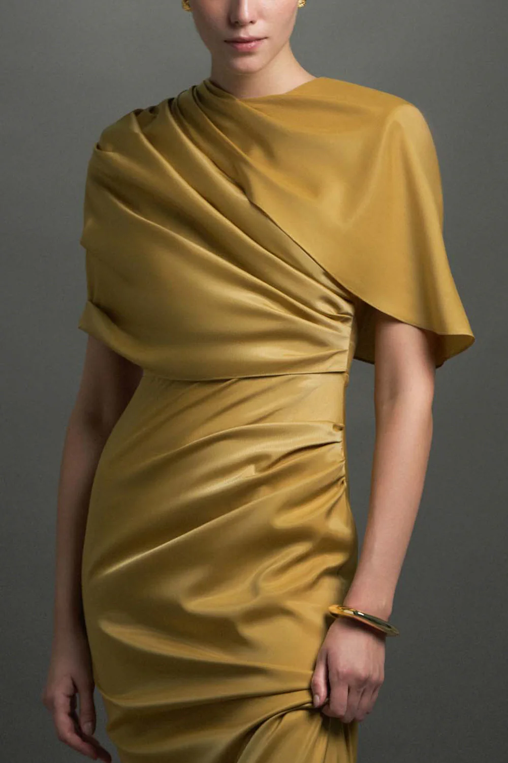 Maia Asymmetric Sleeve Draped Maxi Dress