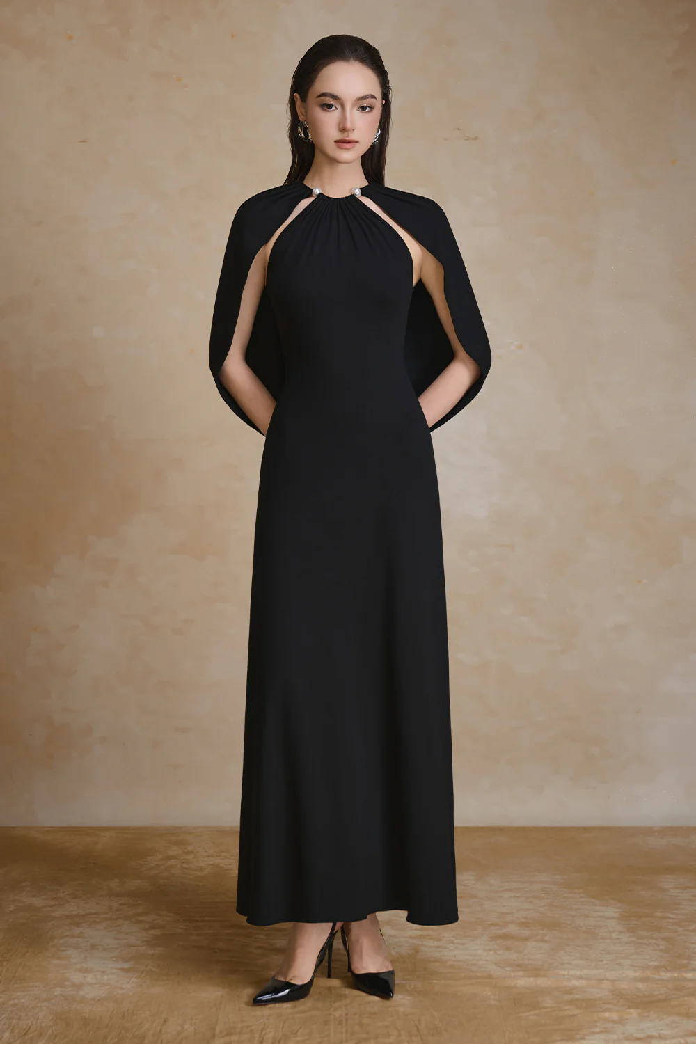 Radiant Cape Sleeve Gathering Maxi Dress