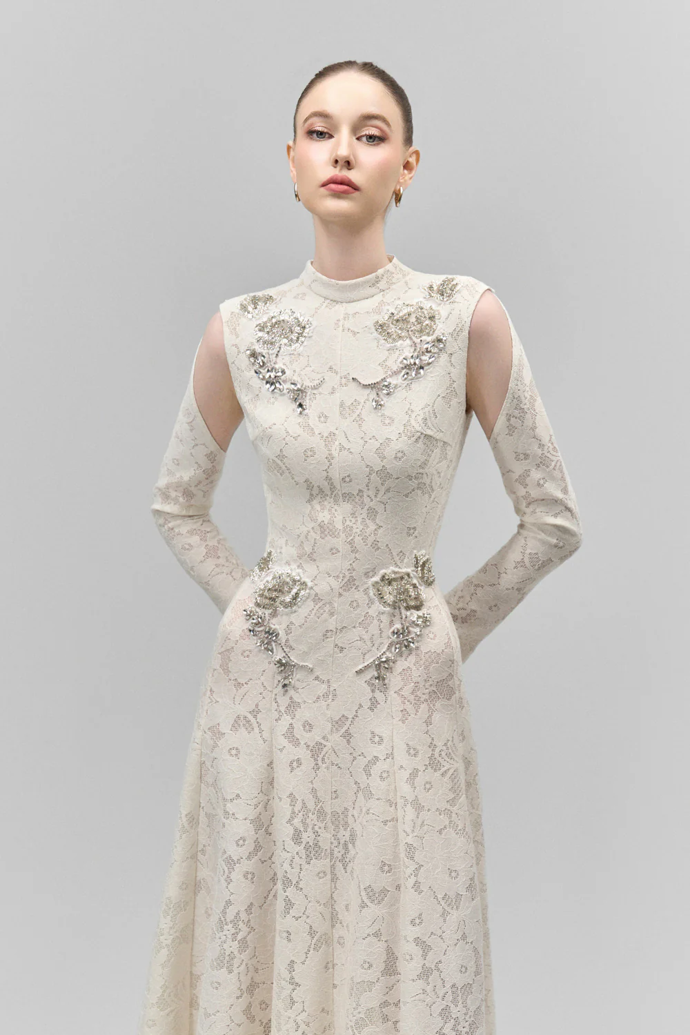 Celestine A-line Cold Shoulder Sleeved Lace Floor Length Dress