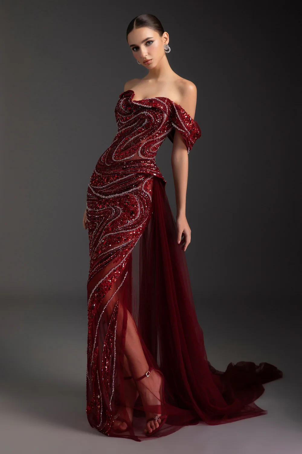 Scarlet Off-Shoulder Rhinestone Maxi Dress