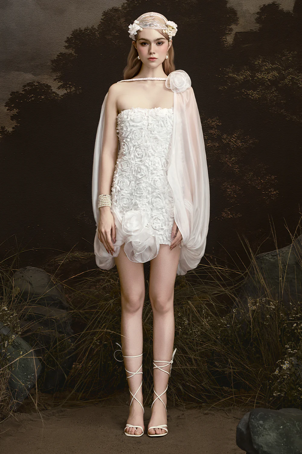 Cloudy Cape Sleeve Applique Mini Dress