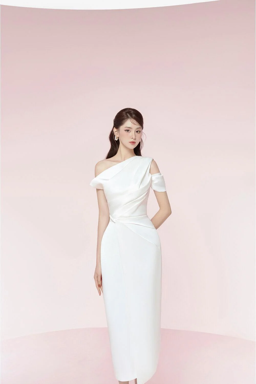 Bauhinia Pencil Pleated Shoulder Silk Spandex Midi Dress