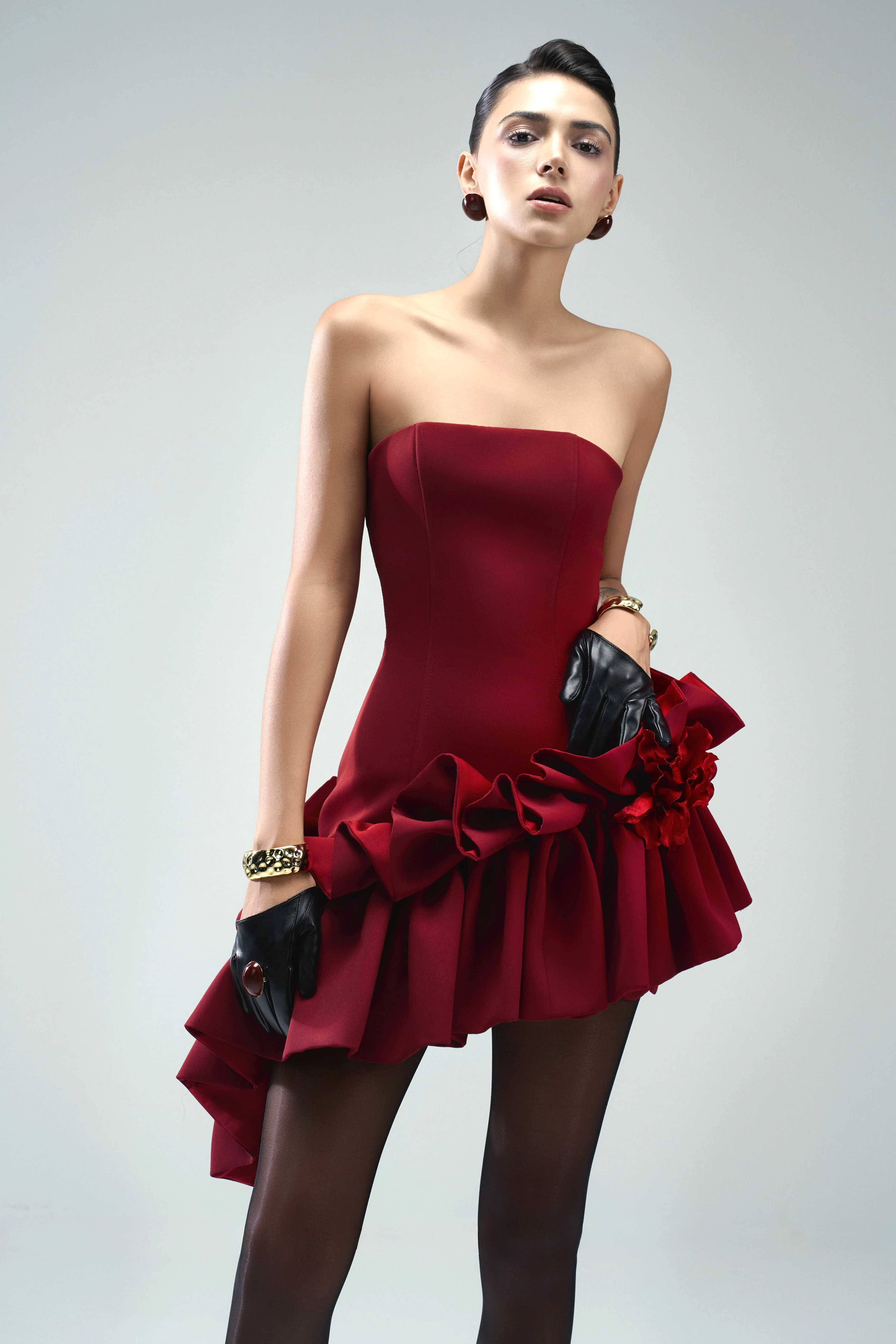 Seaweed Asymmetric Straight Across Neck Twill Mini Dress