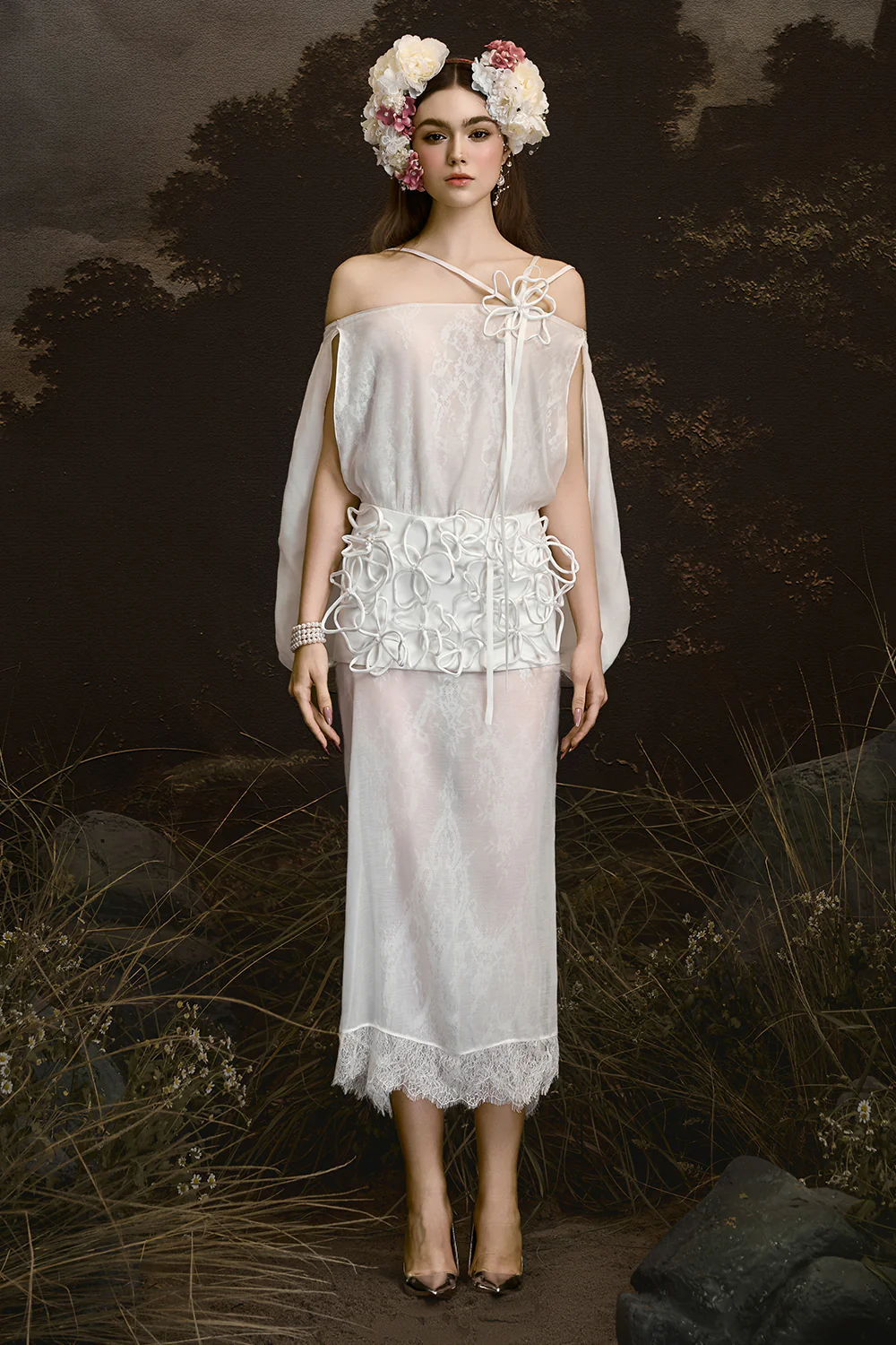 Eternal Muse Off-Shoulder Gathering Midi Dress