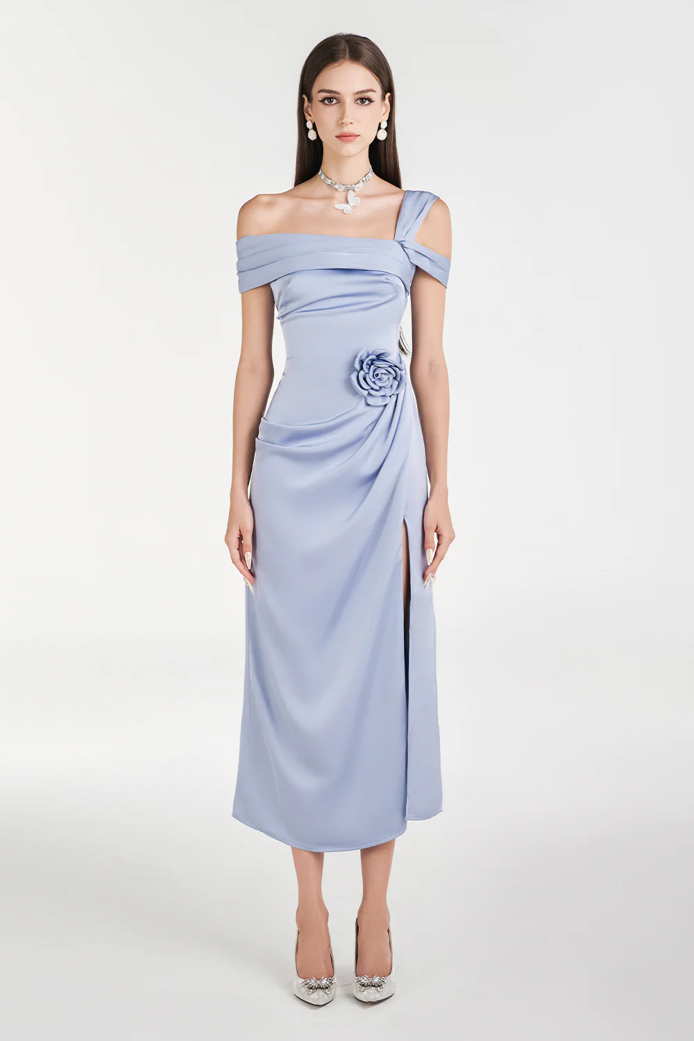 Dinna Slit Asymmetric Neck Silk Calf Length Dress